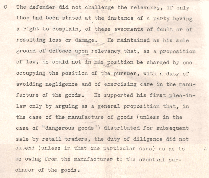 Image shows extract from Lord Moncreiff’s Opinion in Donoghue versus Stevenson, 1930. National Records of Scotland reference: CS252/2299.